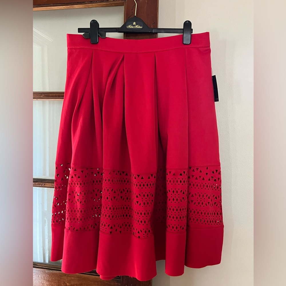 Eloquii Red Midi A-Line Skirt with Pleated Embellishments